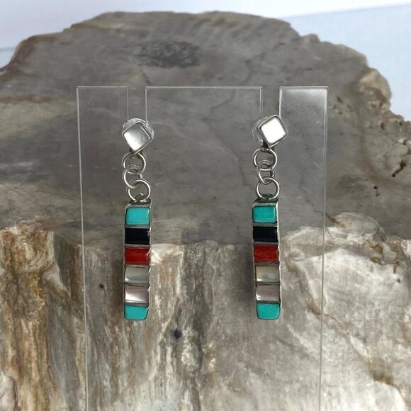 Sterling Silver 925 Multi Gemstone Turquoise Coral MOP Bar Dangle Earrings - Picture 2 of 16